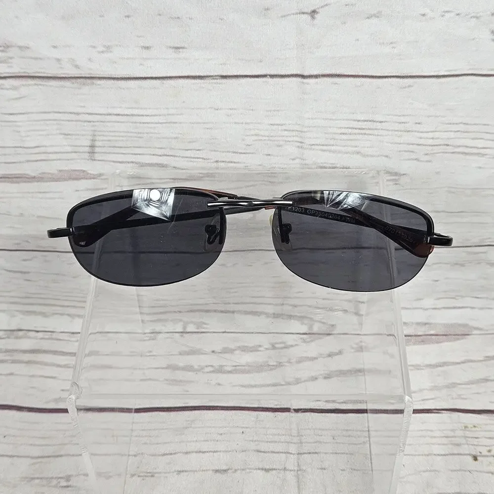 Men's Rimless Aviator Style Sunglasses Dark Lenses Black Frame Tortoise Temple